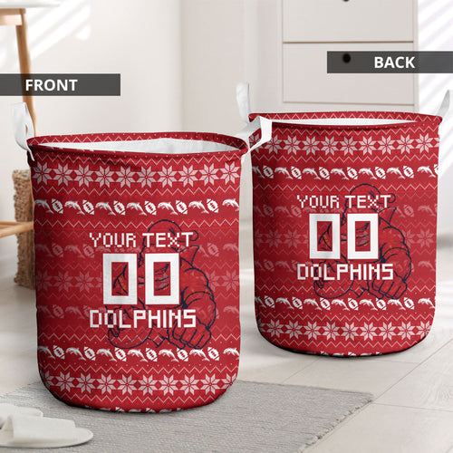 Personalized Dolphins Christmas Laundry Basket Australian Rugby Fans - Pixelated Ugly Xmas Pattern Mascot Santa