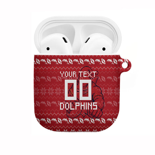 Personalized Dolphins Christmas AirPods Case Australian Rugby Fans - Pixelated Ugly Xmas Pattern Mascot Santa