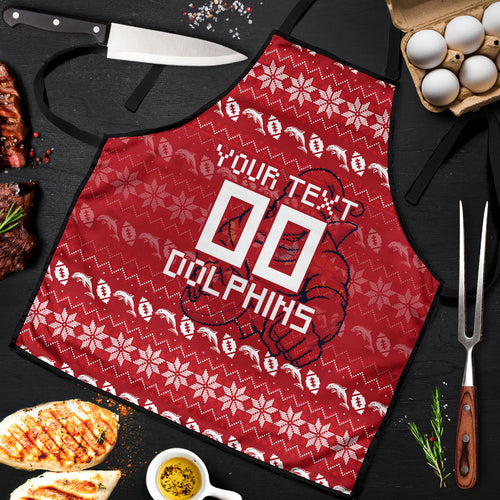 Personalized Dolphins Christmas Apron Australian Rugby Fans - Pixelated Ugly Xmas Pattern Mascot Santa