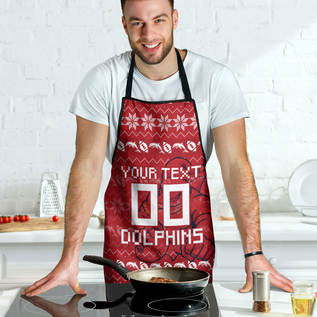 Personalized Dolphins Christmas Apron Australian Rugby Fans - Pixelated Ugly Xmas Pattern Mascot Santa