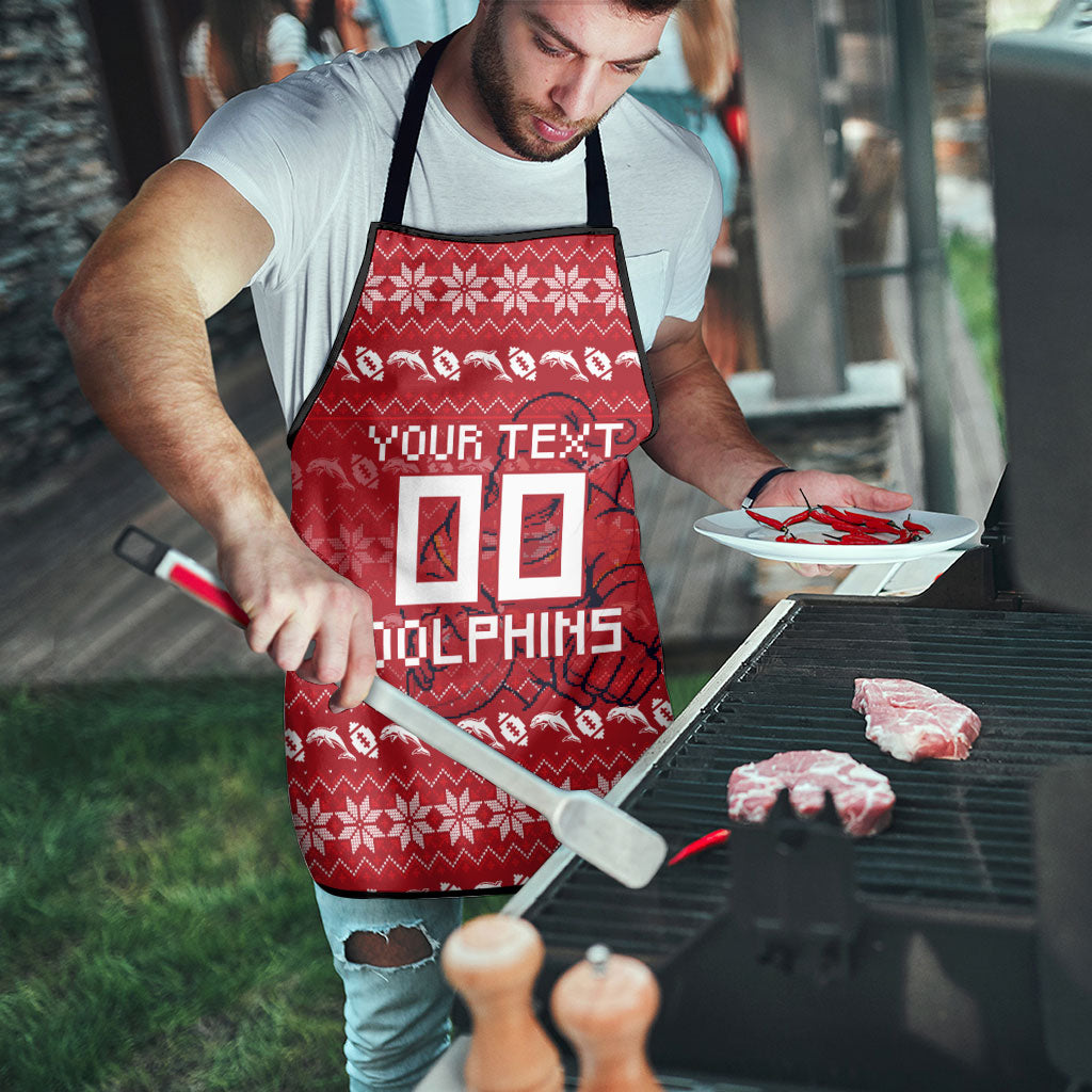 Personalized Dolphins Christmas Apron Australian Rugby Fans - Pixelated Ugly Xmas Pattern Mascot Santa