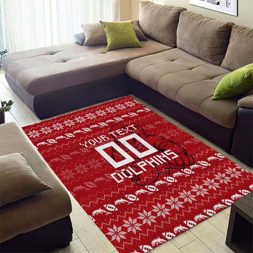 Personalized Dolphins Christmas Area Rug Australian Rugby Fans - Pixelated Ugly Xmas Pattern Mascot Santa