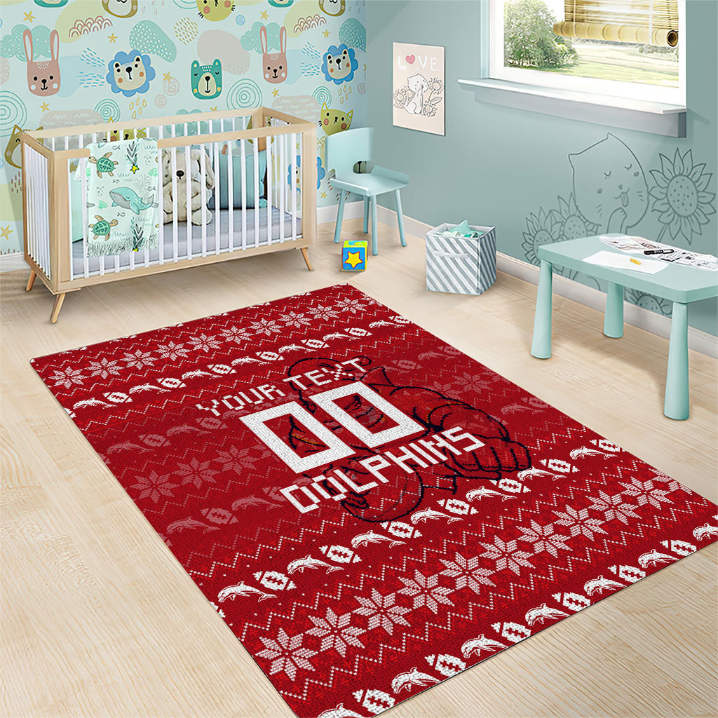 Personalized Dolphins Christmas Area Rug Australian Rugby Fans - Pixelated Ugly Xmas Pattern Mascot Santa