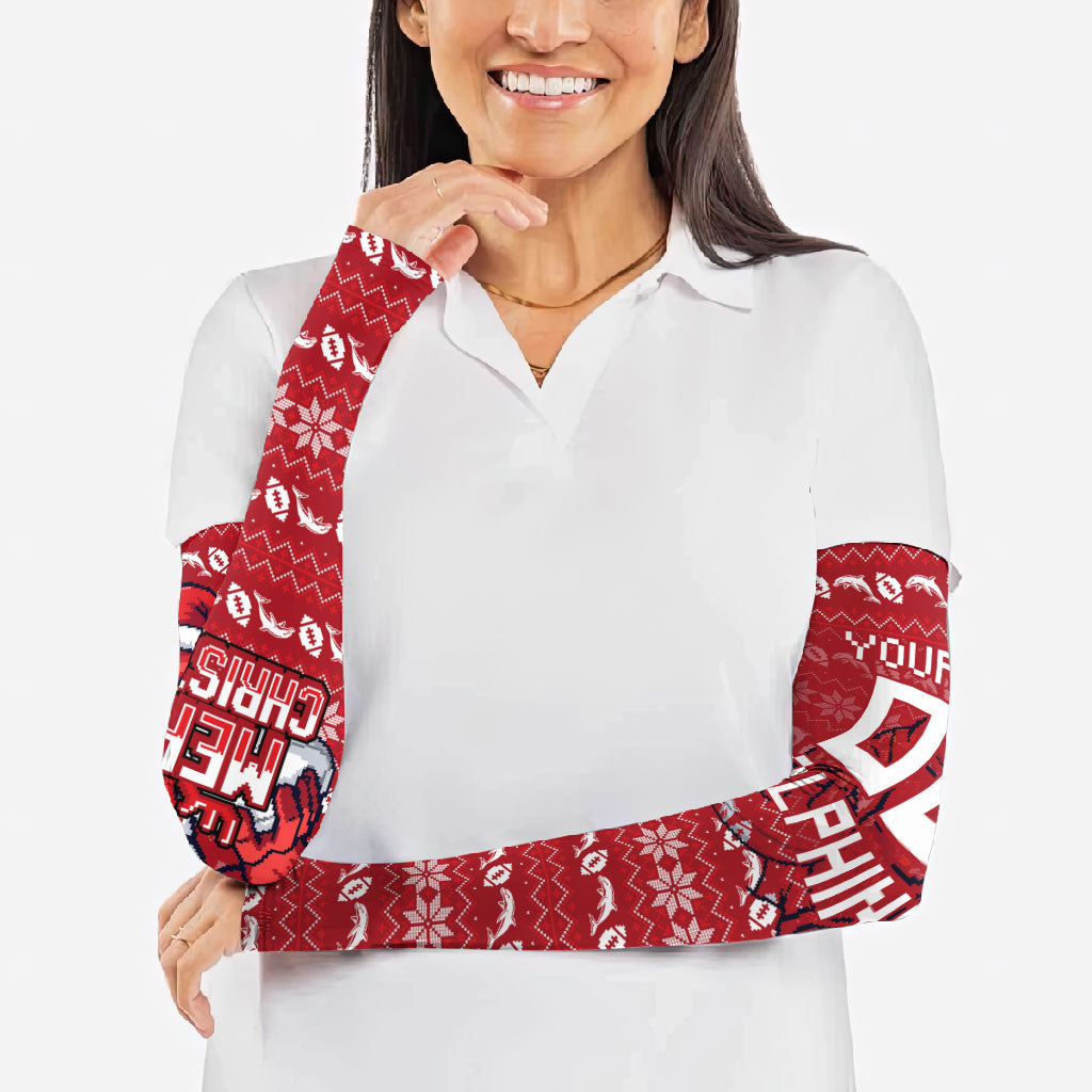 Personalized Dolphins Christmas Arm Sleeves Australian Rugby Fans - Pixelated Ugly Xmas Pattern Mascot Santa