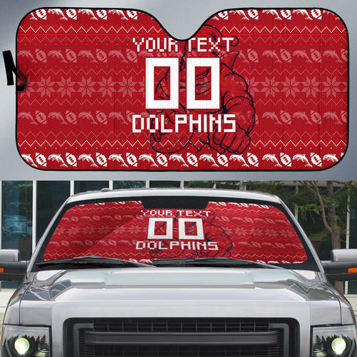 Personalized Dolphins Christmas Auto Sun Shade Australian Rugby Fans - Pixelated Ugly Xmas Pattern Mascot Santa