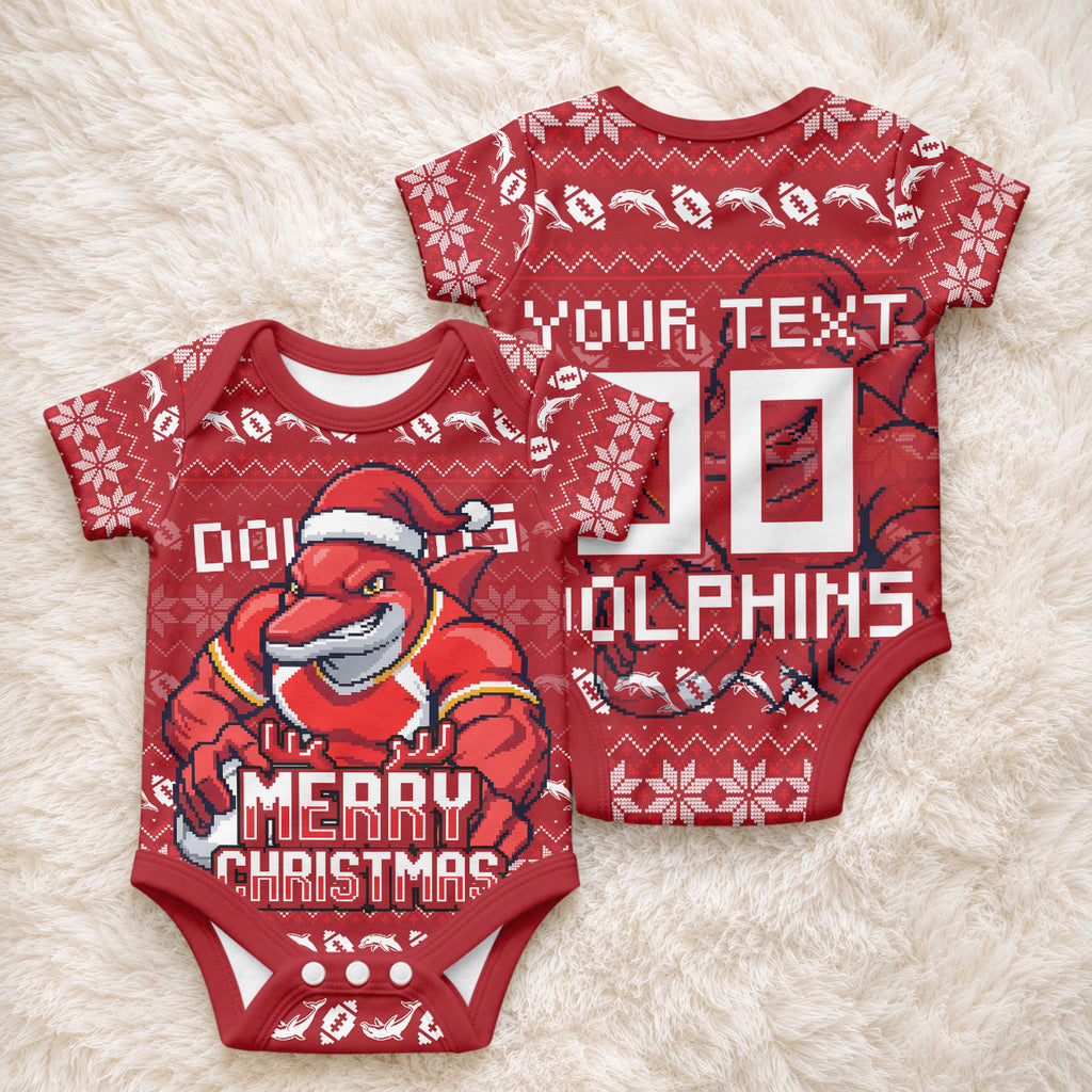 Personalized Dolphins Christmas Baby Onesie Australian Rugby Fans - Pixelated Ugly Xmas Pattern Mascot Santa