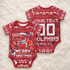 Personalized Dolphins Christmas Baby Onesie Australian Rugby Fans - Pixelated Ugly Xmas Pattern Mascot Santa
