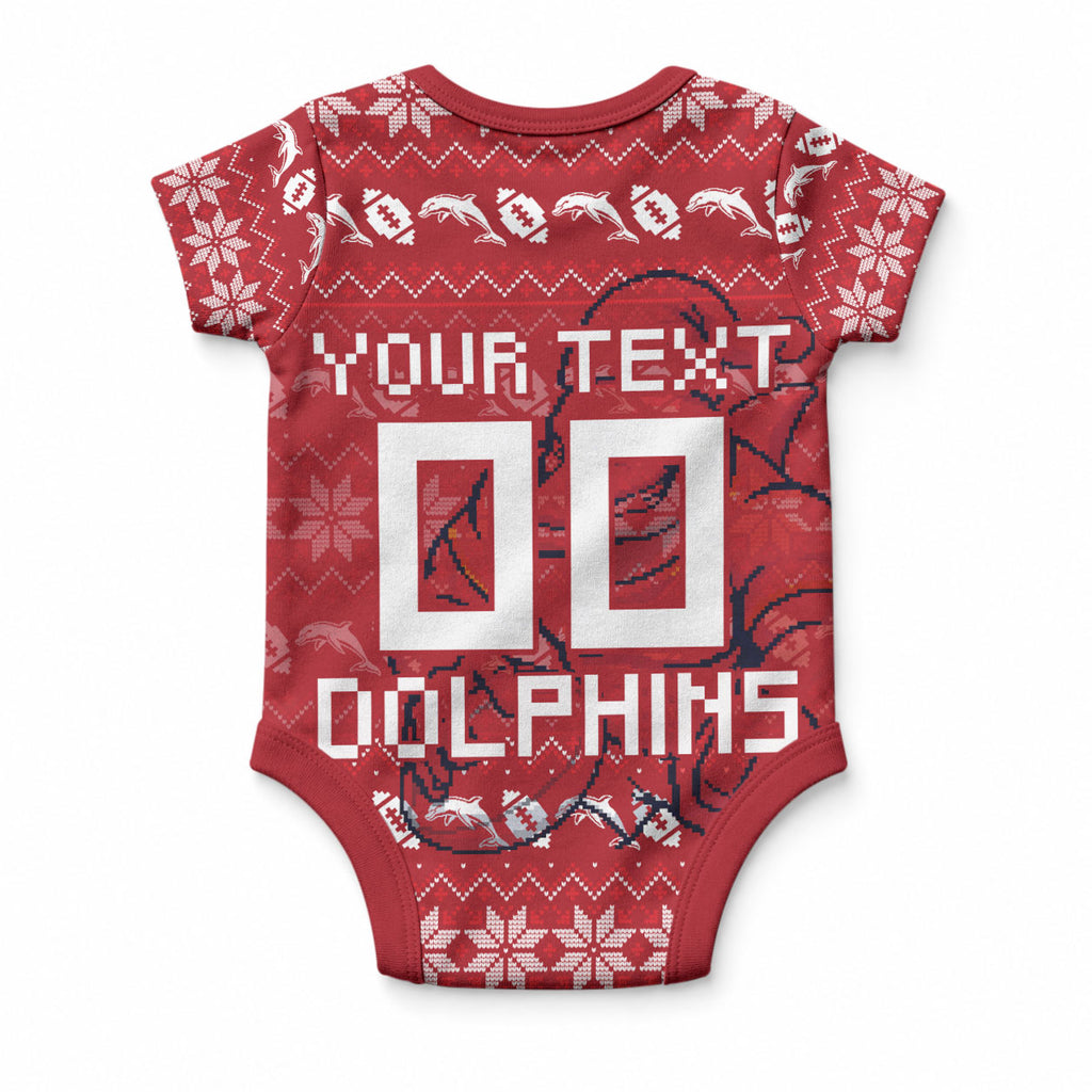 Personalized Dolphins Christmas Baby Onesie Australian Rugby Fans - Pixelated Ugly Xmas Pattern Mascot Santa