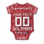 Personalized Dolphins Christmas Baby Onesie Australian Rugby Fans - Pixelated Ugly Xmas Pattern Mascot Santa