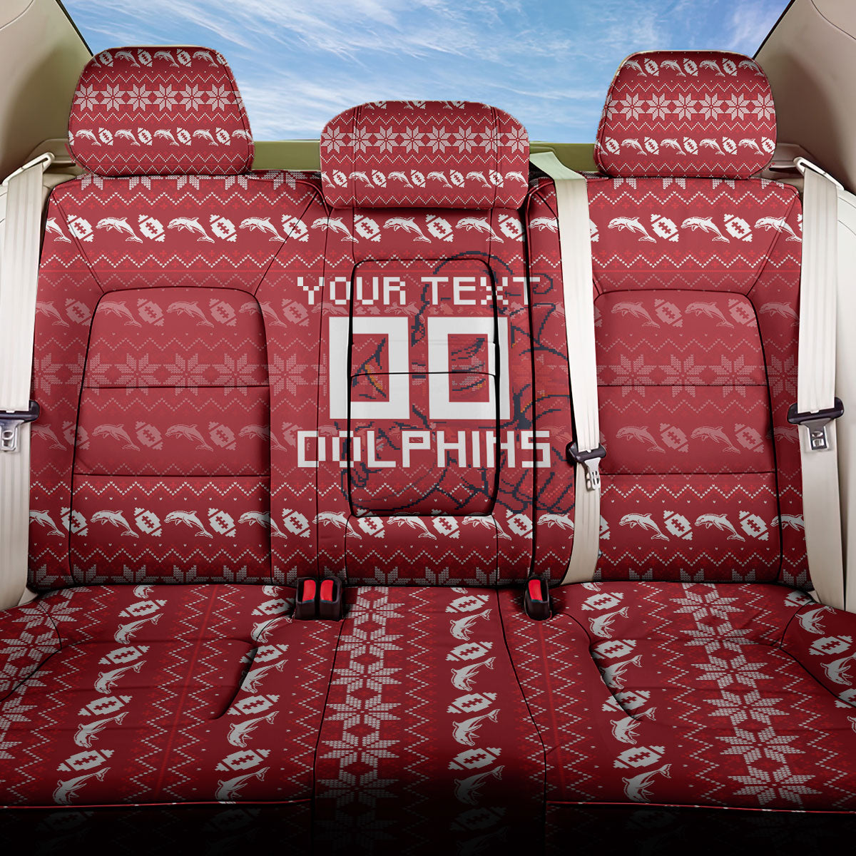 Personalized Dolphins Christmas Back Car Seat Cover Australian Rugby Fans - Pixelated Ugly Xmas Pattern Mascot Santa
