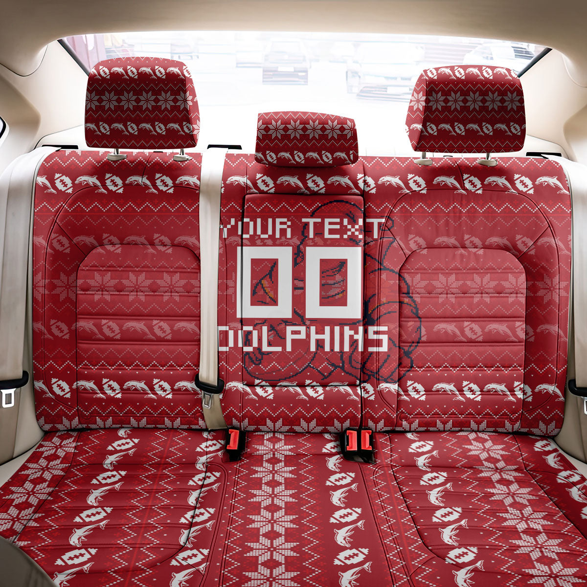 Personalized Dolphins Christmas Back Car Seat Cover Australian Rugby Fans - Pixelated Ugly Xmas Pattern Mascot Santa