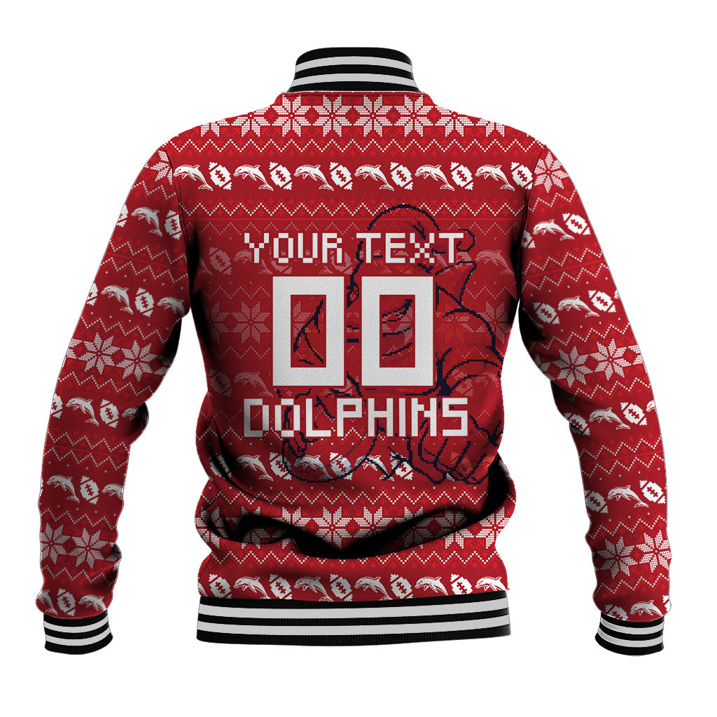 Personalized Dolphins Christmas Baseball Jacket Australian Rugby Fans - Pixelated Ugly Xmas Pattern Mascot Santa