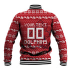 Personalized Dolphins Christmas Baseball Jacket Australian Rugby Fans - Pixelated Ugly Xmas Pattern Mascot Santa
