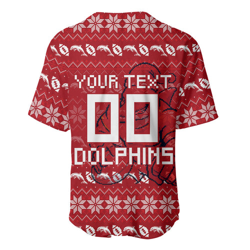 Personalized Dolphins Christmas Baseball Jersey Australian Rugby Fans - Pixelated Ugly Xmas Pattern Mascot Santa