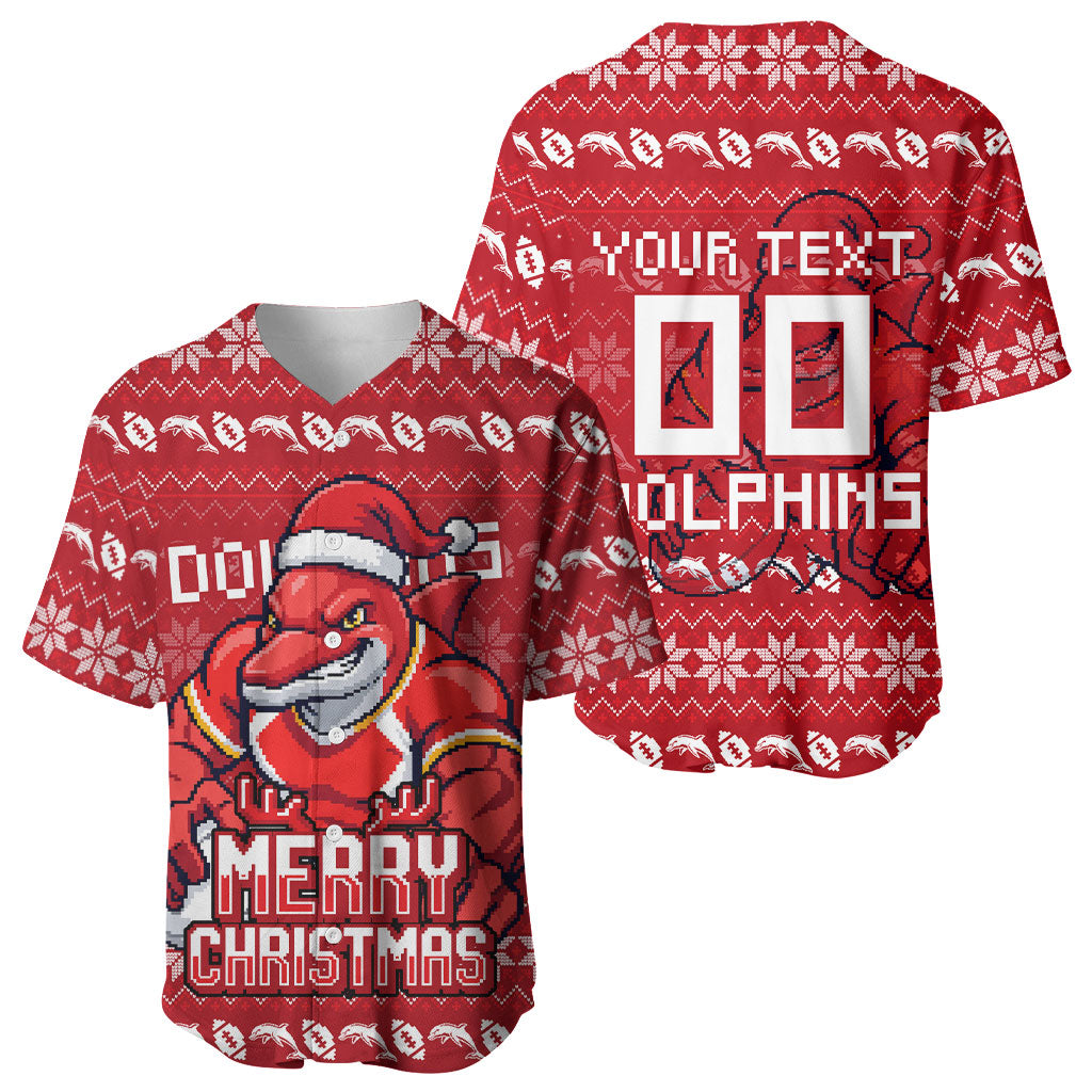 Personalized Dolphins Christmas Baseball Jersey Australian Rugby Fans - Pixelated Ugly Xmas Pattern Mascot Santa
