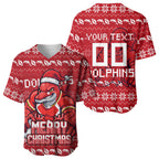 Personalized Dolphins Christmas Baseball Jersey Australian Rugby Fans - Pixelated Ugly Xmas Pattern Mascot Santa