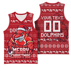 Personalized Dolphins Christmas Basketball Jersey Australian Rugby Fans - Pixelated Ugly Xmas Pattern Mascot Santa