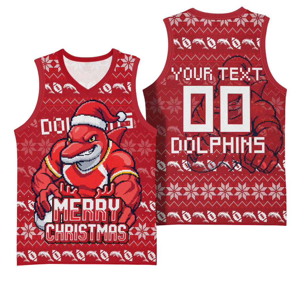Personalized Dolphins Christmas Basketball Jersey Australian Rugby Fans - Pixelated Ugly Xmas Pattern Mascot Santa