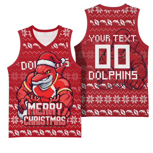 Personalized Dolphins Christmas Basketball Jersey Australian Rugby Fans - Pixelated Ugly Xmas Pattern Mascot Santa