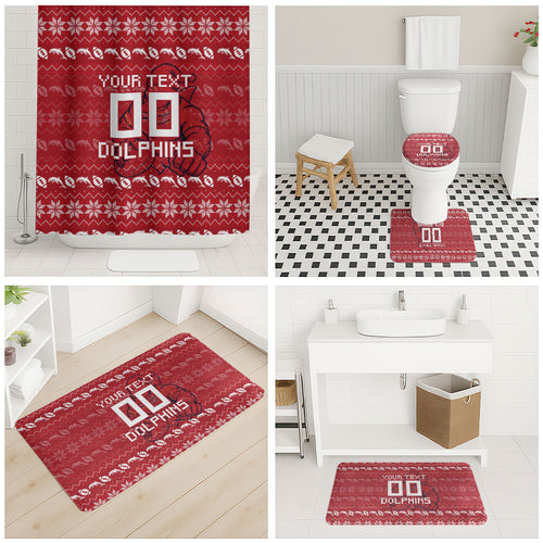 Personalized Dolphins Christmas Bathroom Set Australian Rugby Fans - Pixelated Ugly Xmas Pattern Mascot Santa