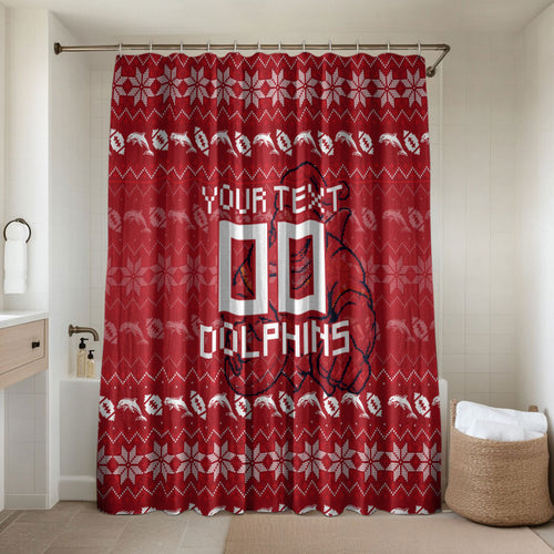 Personalized Dolphins Christmas Bathroom Set Australian Rugby Fans - Pixelated Ugly Xmas Pattern Mascot Santa