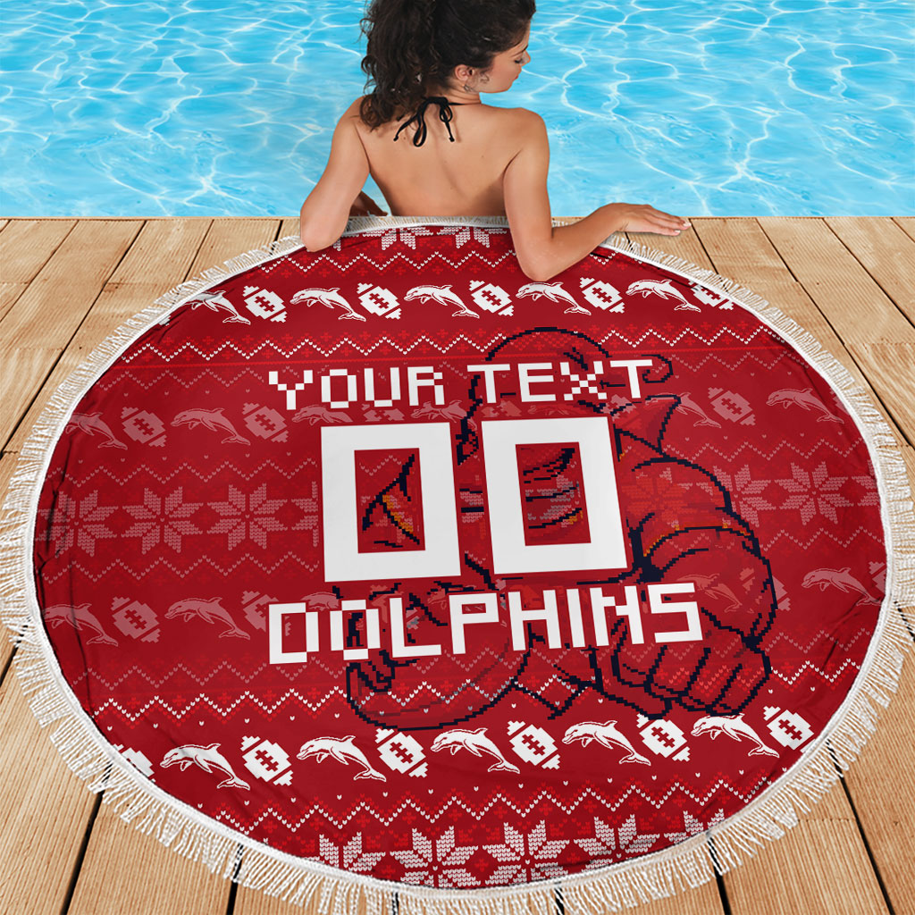 Personalized Dolphins Christmas Beach Blanket Australian Rugby Fans - Pixelated Ugly Xmas Pattern Mascot Santa