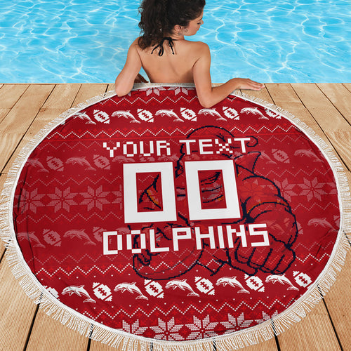 Personalized Dolphins Christmas Beach Blanket Australian Rugby Fans - Pixelated Ugly Xmas Pattern Mascot Santa