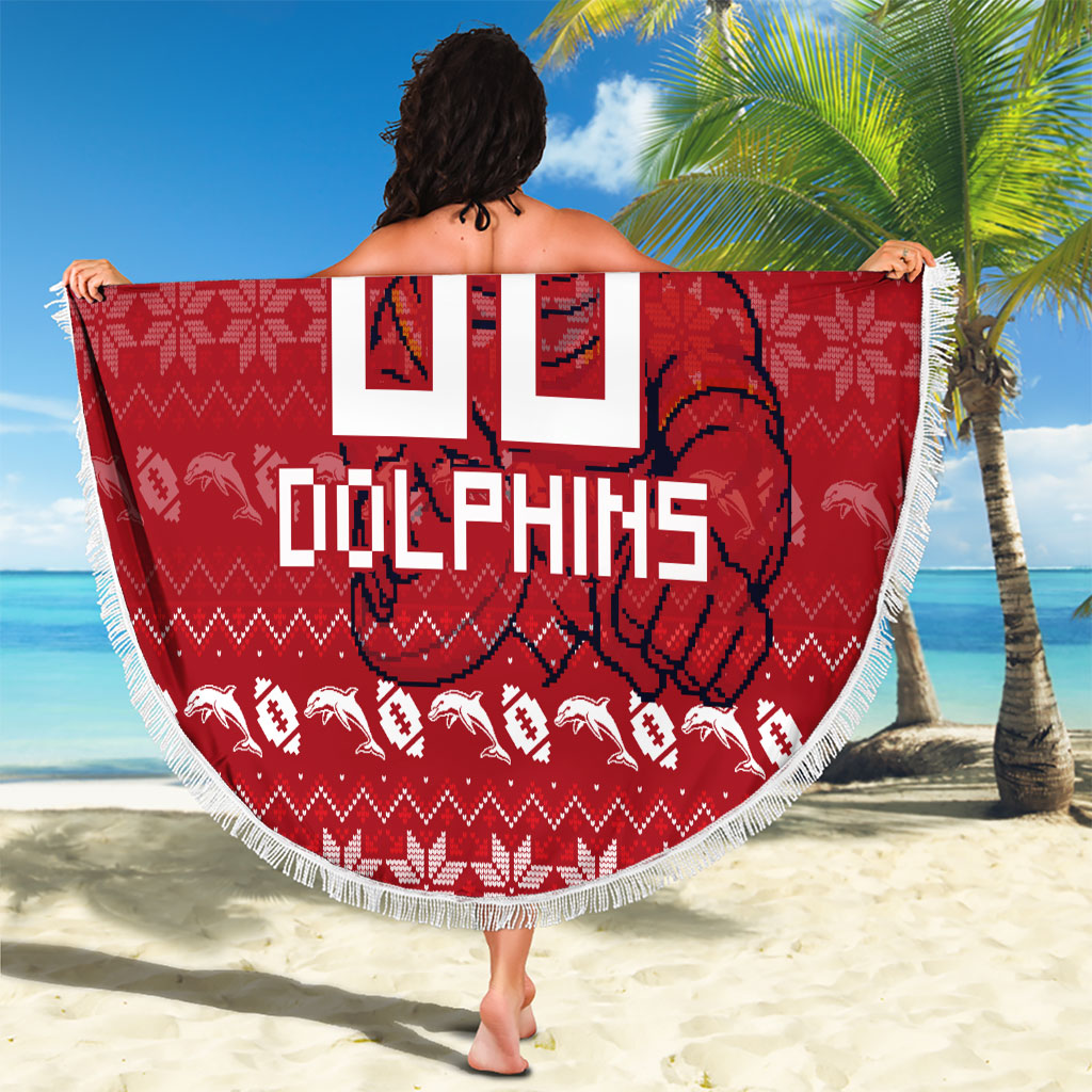 Personalized Dolphins Christmas Beach Blanket Australian Rugby Fans - Pixelated Ugly Xmas Pattern Mascot Santa