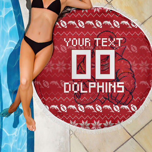 Personalized Dolphins Christmas Beach Blanket Australian Rugby Fans - Pixelated Ugly Xmas Pattern Mascot Santa