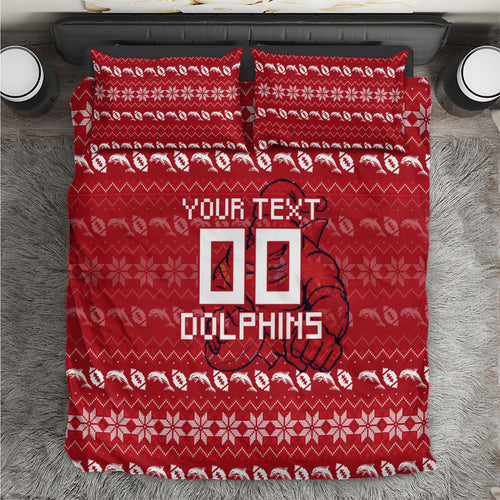 Personalized Dolphins Christmas Bedding Set Australian Rugby Fans - Pixelated Ugly Xmas Pattern Mascot Santa