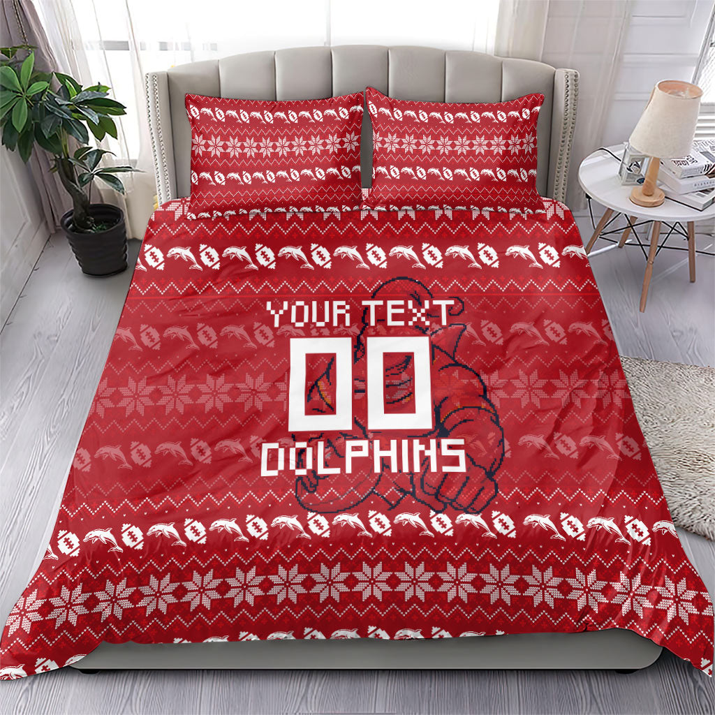 Personalized Dolphins Christmas Bedding Set Australian Rugby Fans - Pixelated Ugly Xmas Pattern Mascot Santa