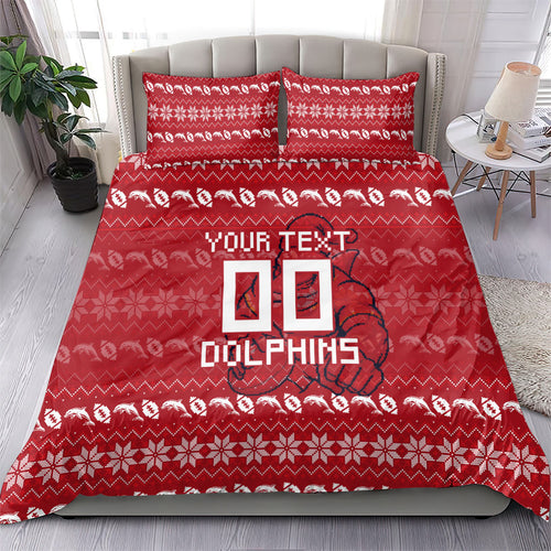 Personalized Dolphins Christmas Bedding Set Australian Rugby Fans - Pixelated Ugly Xmas Pattern Mascot Santa