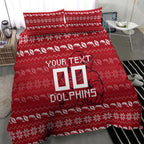 Personalized Dolphins Christmas Bedding Set Australian Rugby Fans - Pixelated Ugly Xmas Pattern Mascot Santa