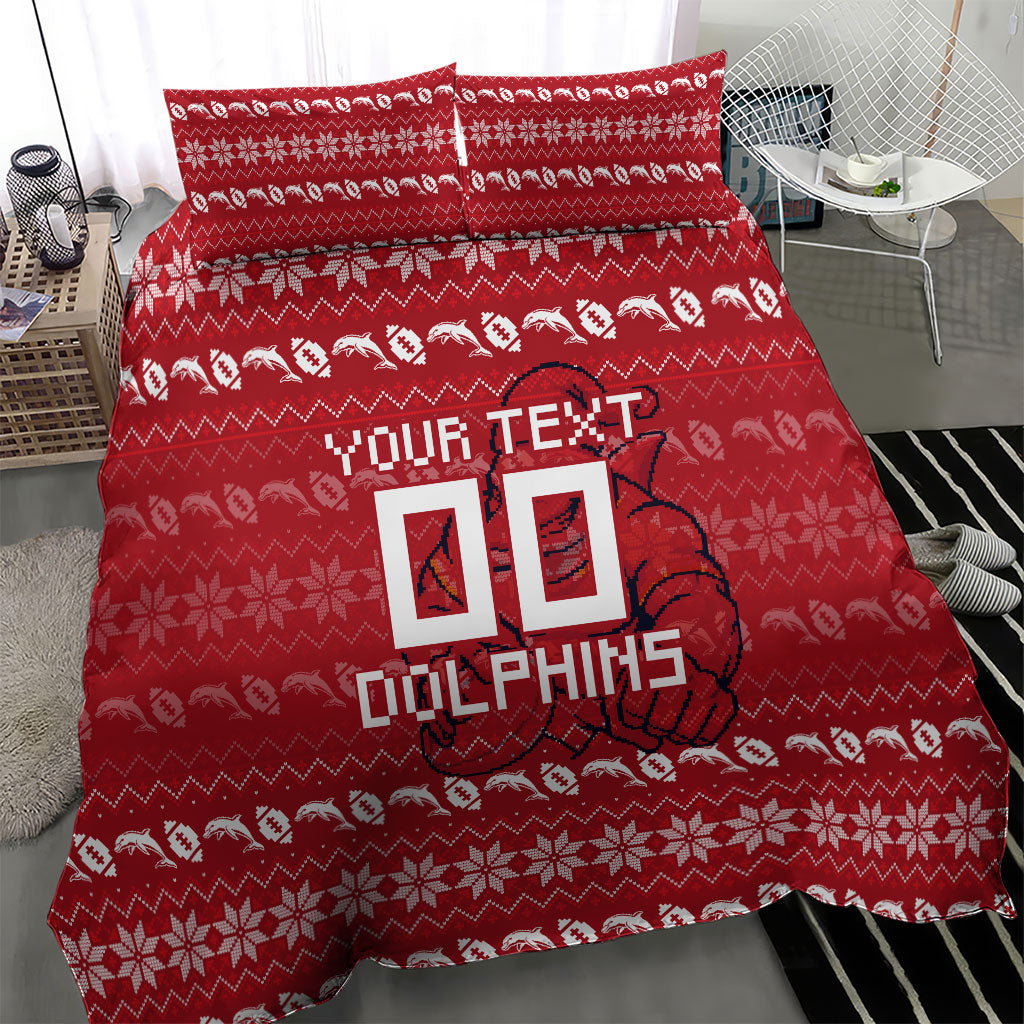 Personalized Dolphins Christmas Bedding Set Australian Rugby Fans - Pixelated Ugly Xmas Pattern Mascot Santa