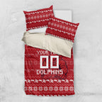 Personalized Dolphins Christmas Bedding Set Australian Rugby Fans - Pixelated Ugly Xmas Pattern Mascot Santa