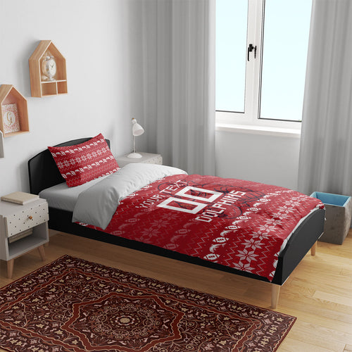 Personalized Dolphins Christmas Bedding Set Australian Rugby Fans - Pixelated Ugly Xmas Pattern Mascot Santa