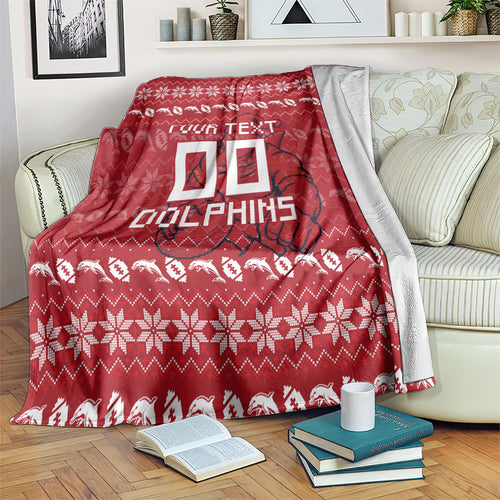 Personalized Dolphins Christmas Blanket Australian Rugby Fans - Pixelated Ugly Xmas Pattern Mascot Santa