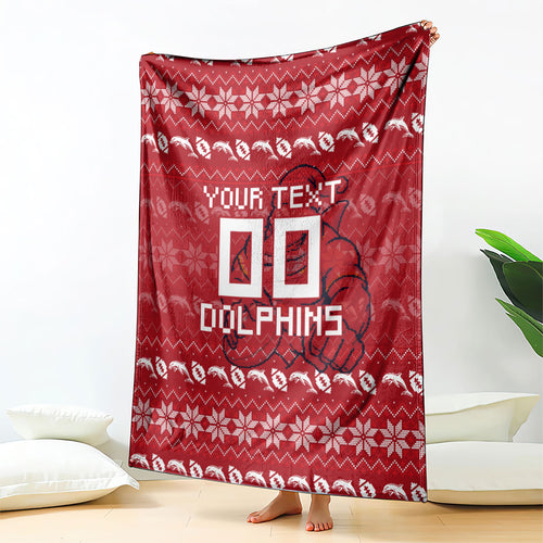 Personalized Dolphins Christmas Blanket Australian Rugby Fans - Pixelated Ugly Xmas Pattern Mascot Santa