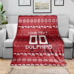 Personalized Dolphins Christmas Blanket Australian Rugby Fans - Pixelated Ugly Xmas Pattern Mascot Santa