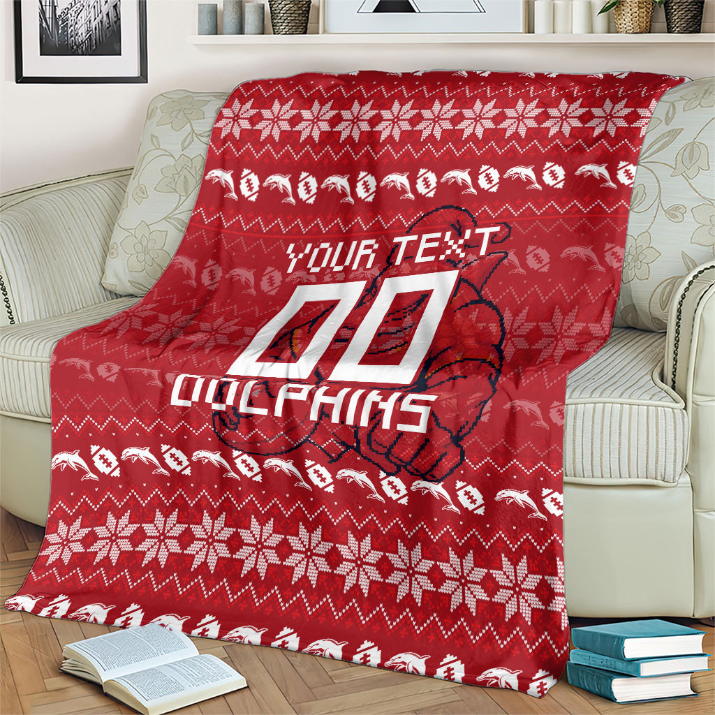 Personalized Dolphins Christmas Blanket Australian Rugby Fans - Pixelated Ugly Xmas Pattern Mascot Santa