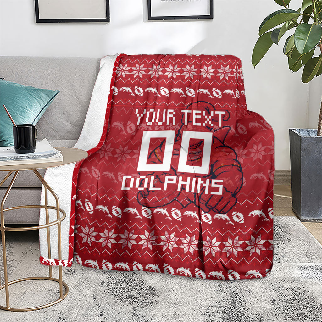 Personalized Dolphins Christmas Blanket Australian Rugby Fans - Pixelated Ugly Xmas Pattern Mascot Santa