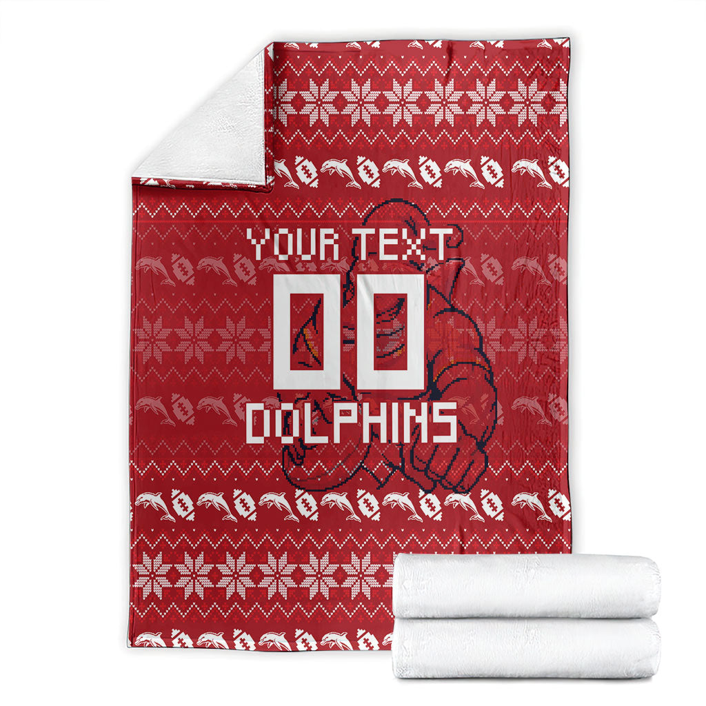 Personalized Dolphins Christmas Blanket Australian Rugby Fans - Pixelated Ugly Xmas Pattern Mascot Santa