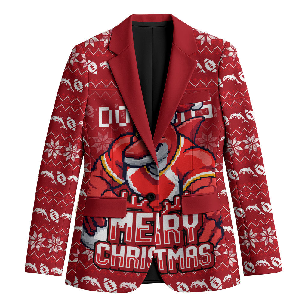 Personalized Dolphins Christmas Blazer Australian Rugby Fans - Pixelated Ugly Xmas Pattern Mascot Santa