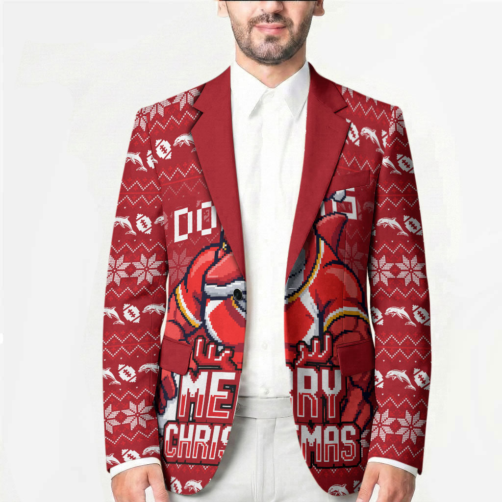 Personalized Dolphins Christmas Blazer Australian Rugby Fans - Pixelated Ugly Xmas Pattern Mascot Santa