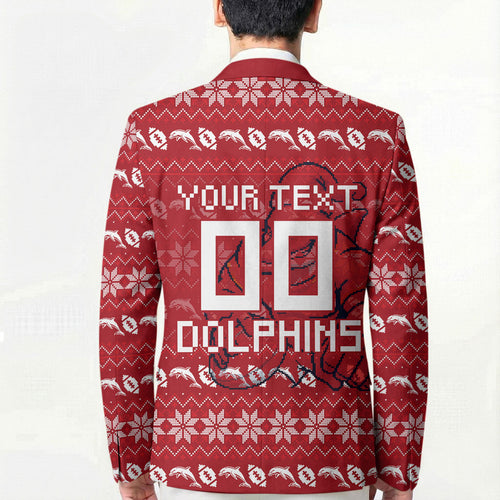 Personalized Dolphins Christmas Blazer Australian Rugby Fans - Pixelated Ugly Xmas Pattern Mascot Santa