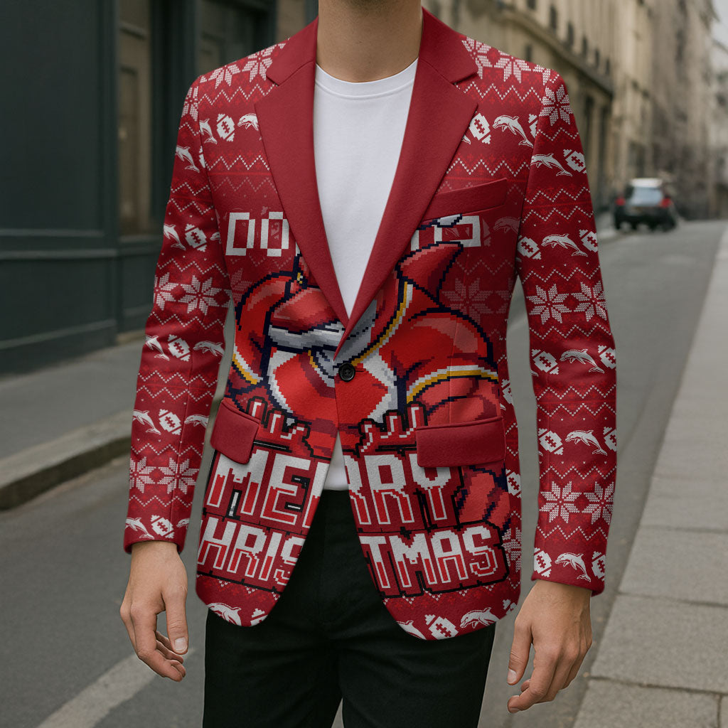 Personalized Dolphins Christmas Blazer Australian Rugby Fans - Pixelated Ugly Xmas Pattern Mascot Santa