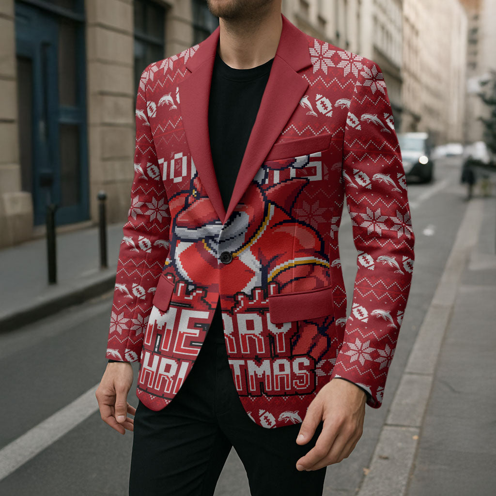 Personalized Dolphins Christmas Blazer Australian Rugby Fans - Pixelated Ugly Xmas Pattern Mascot Santa