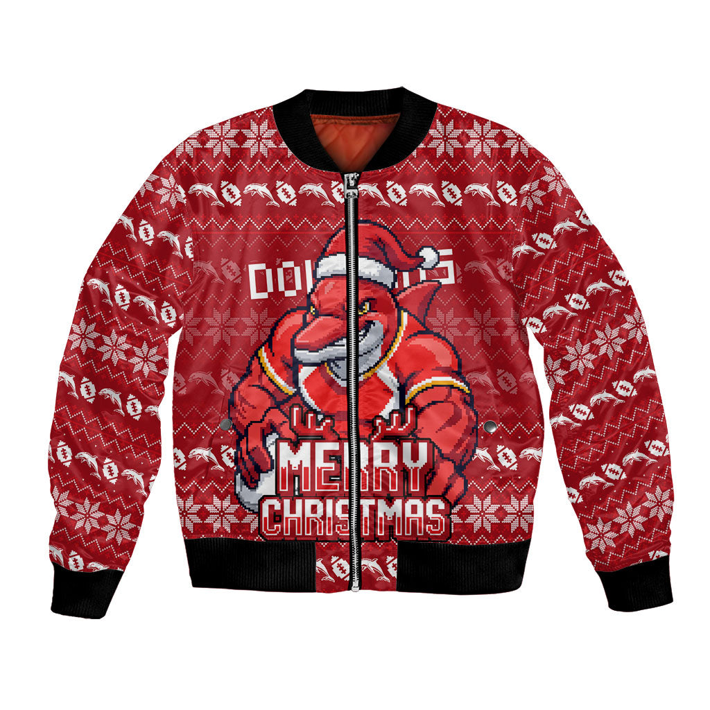 Personalized Dolphins Christmas Bomber Jacket Australian Rugby Fans - Pixelated Ugly Xmas Pattern Mascot Santa