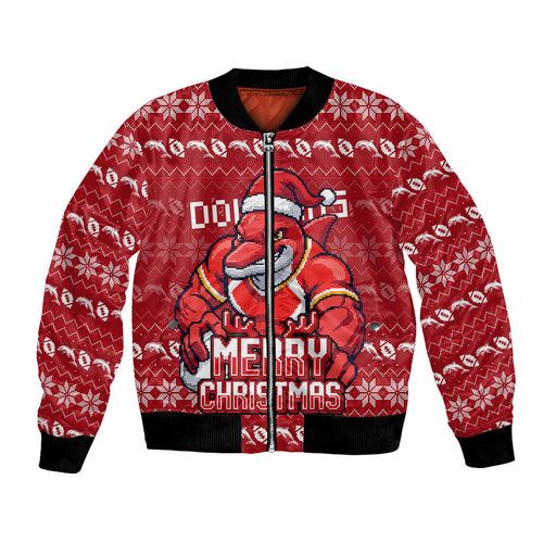 Personalized Dolphins Christmas Bomber Jacket Australian Rugby Fans - Pixelated Ugly Xmas Pattern Mascot Santa