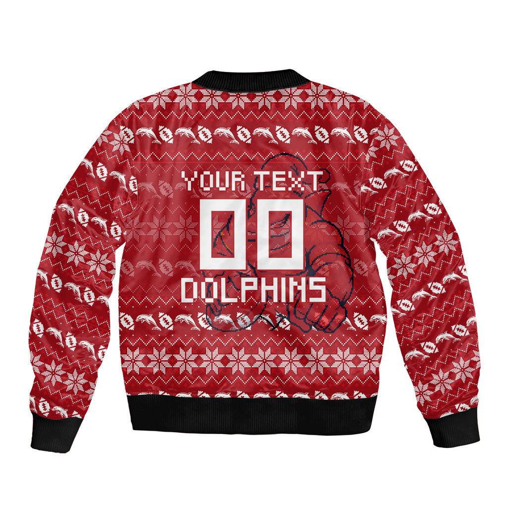 Personalized Dolphins Christmas Bomber Jacket Australian Rugby Fans - Pixelated Ugly Xmas Pattern Mascot Santa